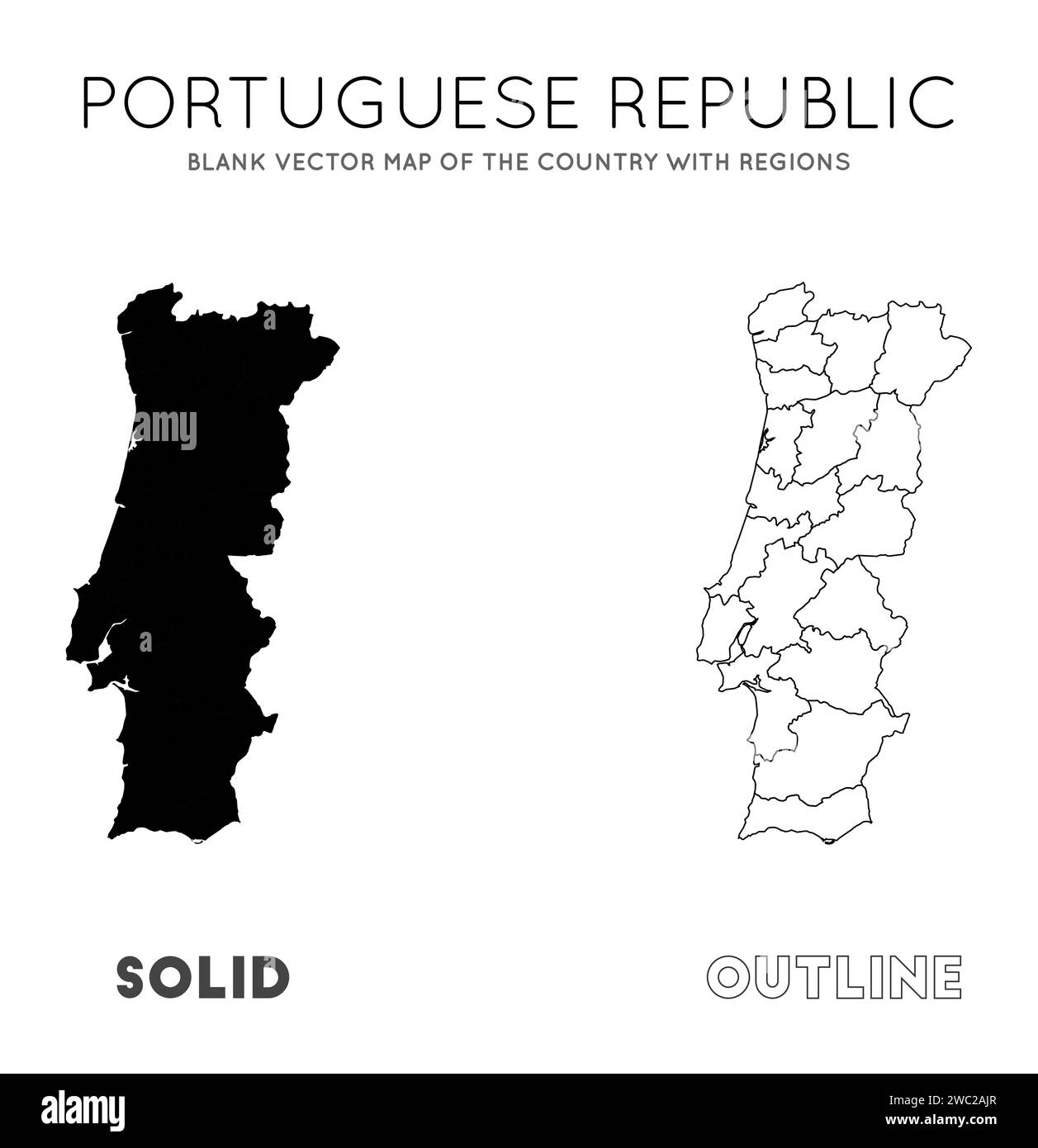 Portugal map. Blank vector map of the Country with regions. Borders of