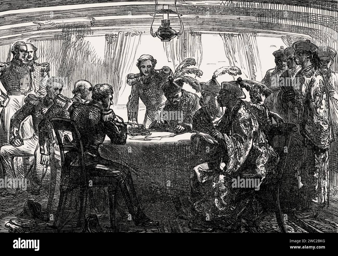 Signing of Treaty of Nanking on board HMS Cornwallis, First Opium War, 1842 Stock Photo