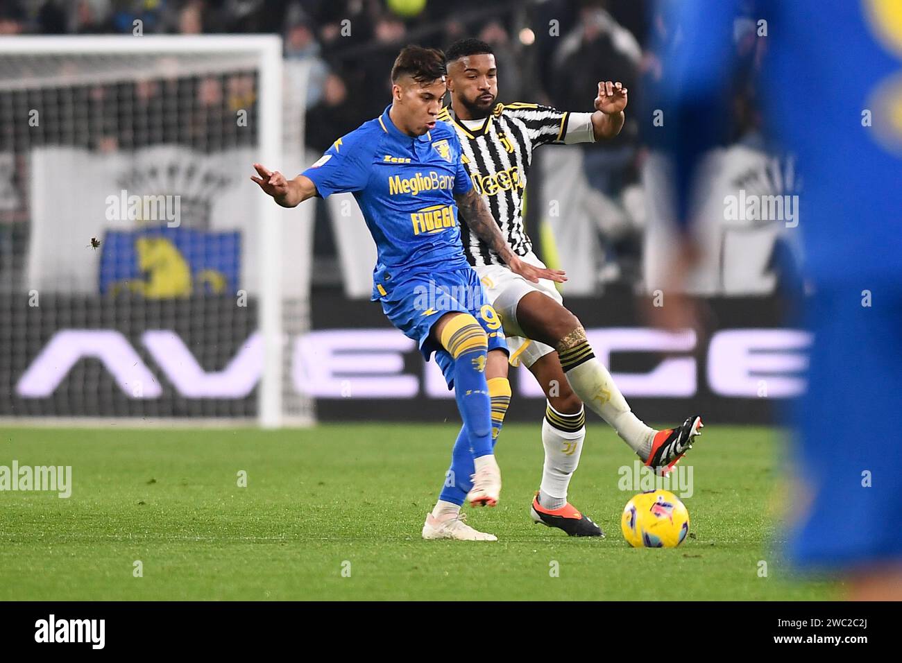 Kaio Jorge (Frosinone Calcio), Bremer (Juventus) are playing during the Coppa Italia Quarter Final match between Juventus FC and Frosinone Calcio at A Stock Photo