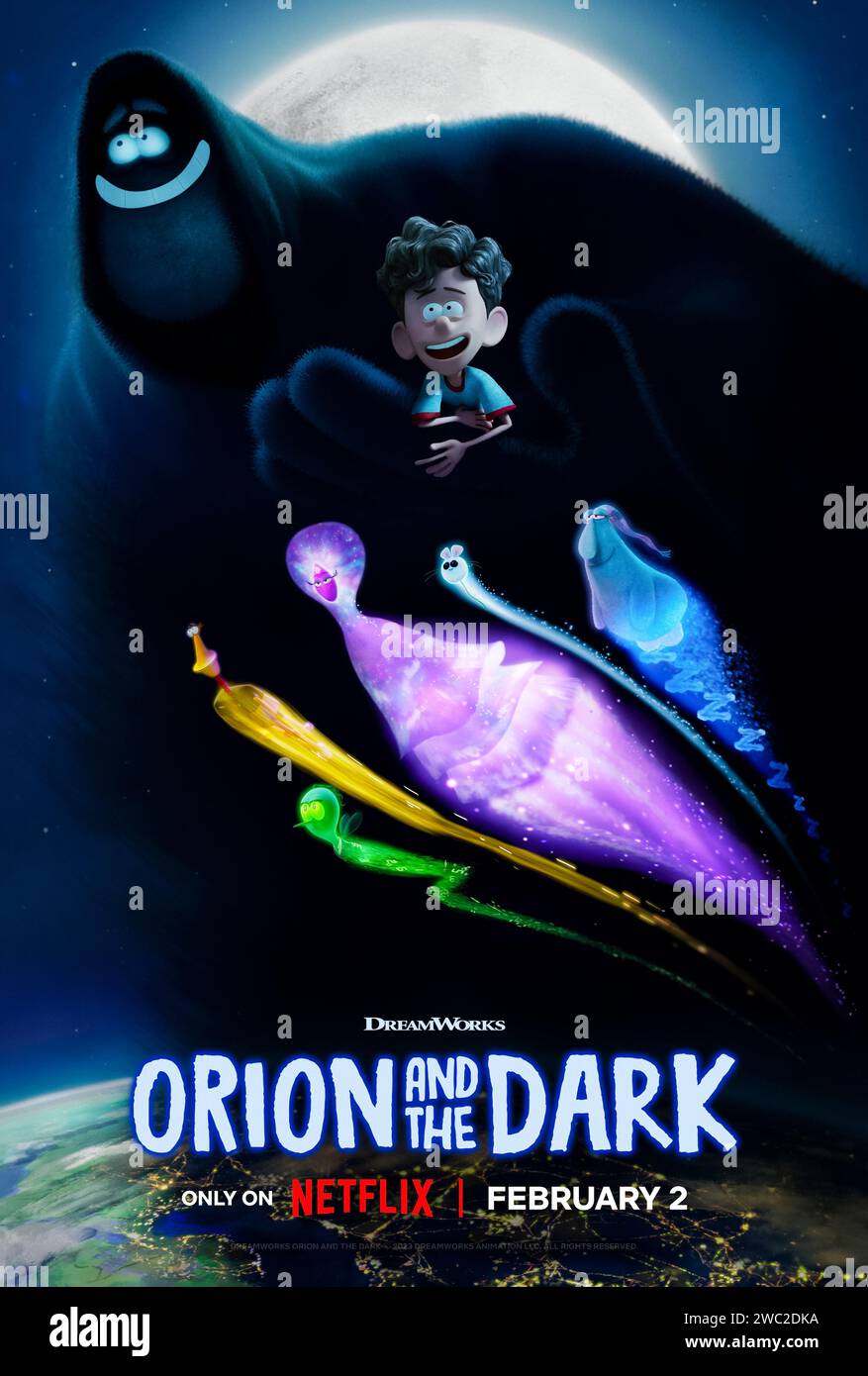 Orion and the Dark (2024) directed by Sean Charmatz and starring Carla Gugino, Natasia Demetriou and Paul Walter Hauser. Orion, a young boy who is afraid of heights, pets, and rendered nearly catatonic by the worst of all perils: the dark. The Dark takes Orion on a nighttime trip to prove to the youngster that the only thing to fear is fear itself. US one sheet poster ***EDITORIAL USE ONLY***. Credit: BFA / Netflix Stock Photo