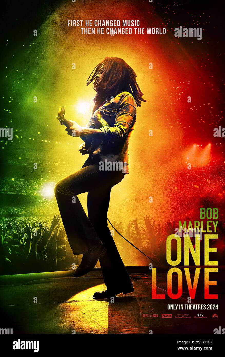 Bob Marley: One Love (2024) directed by Reinaldo Marcus Green and starring Kingsley Ben-Adir, James Norton and Lashana Lynch. A look at the life of legendary reggae musician Bob Marley. US one sheet poster ***EDITORIAL USE ONLY***. Credit: BFA / Paramount Pictures Stock Photo