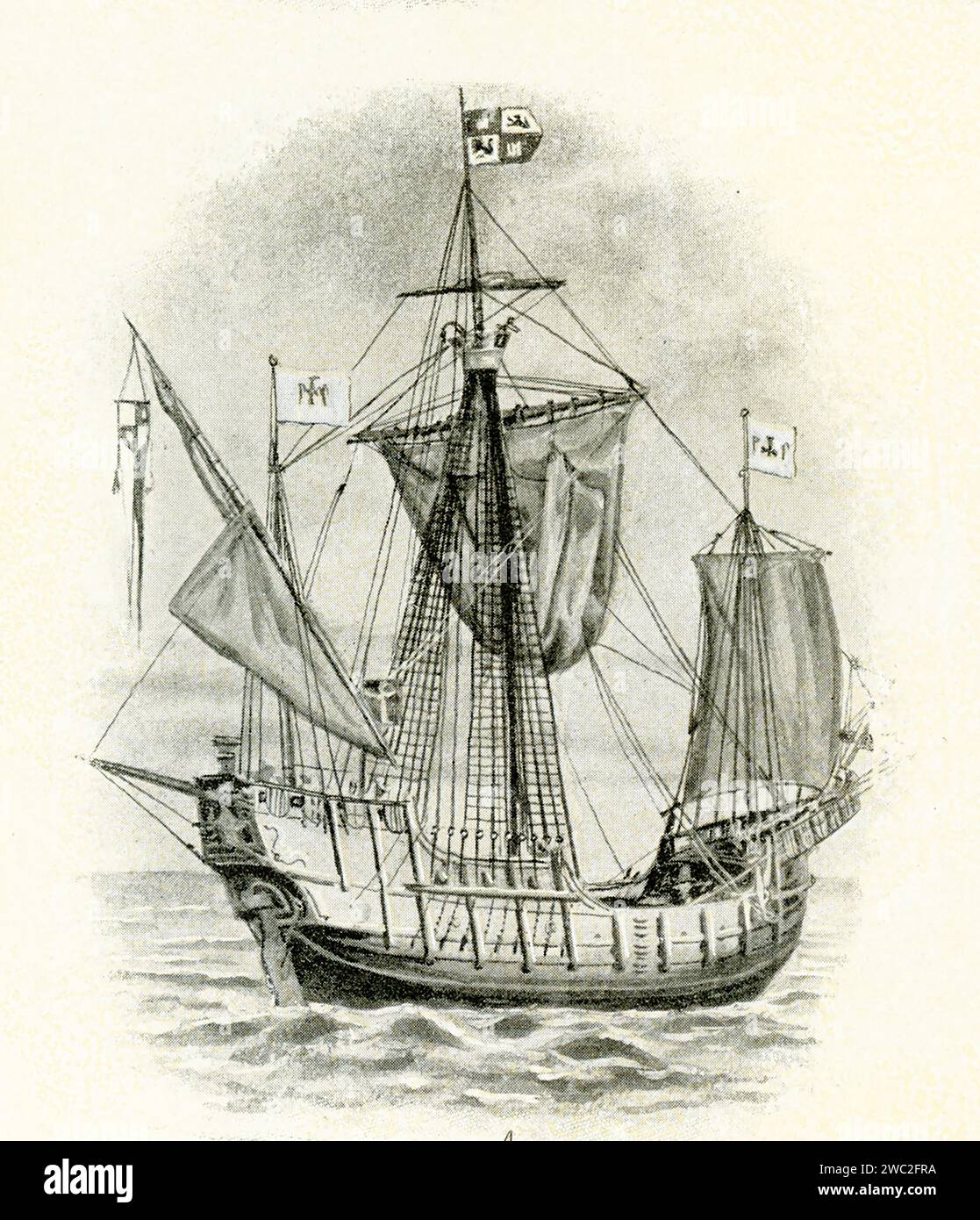 Caravel from the time of Christopher Columbus 15th and 16th centuries. The caravel is a small maneuverable sailing ship, especially used in the 15th century by the Portuguese to explore along the West African coast and into the Atlantic Ocean. The lateen sails gave it speed and the capacity for sailing windward. Stock Photo