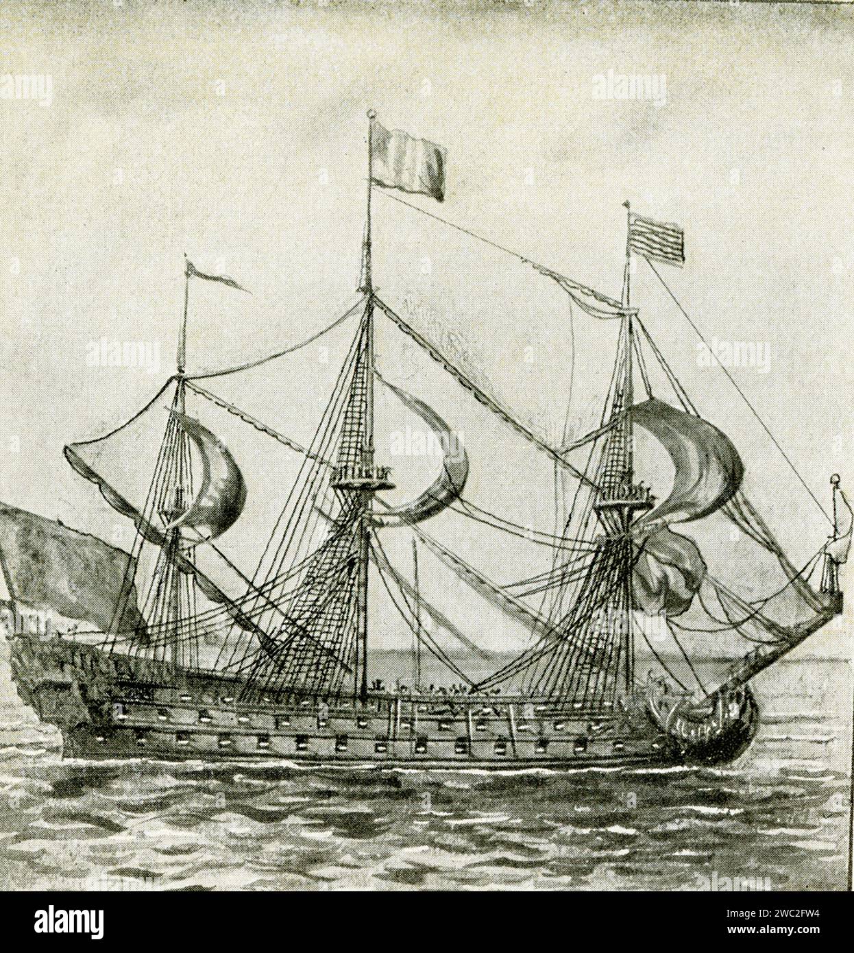 English warship from middle of 16th century. According to the 1907 caption, it was on this ship that Henry VIII met Francis I of France in Boulogne sur Mer. Stock Photo