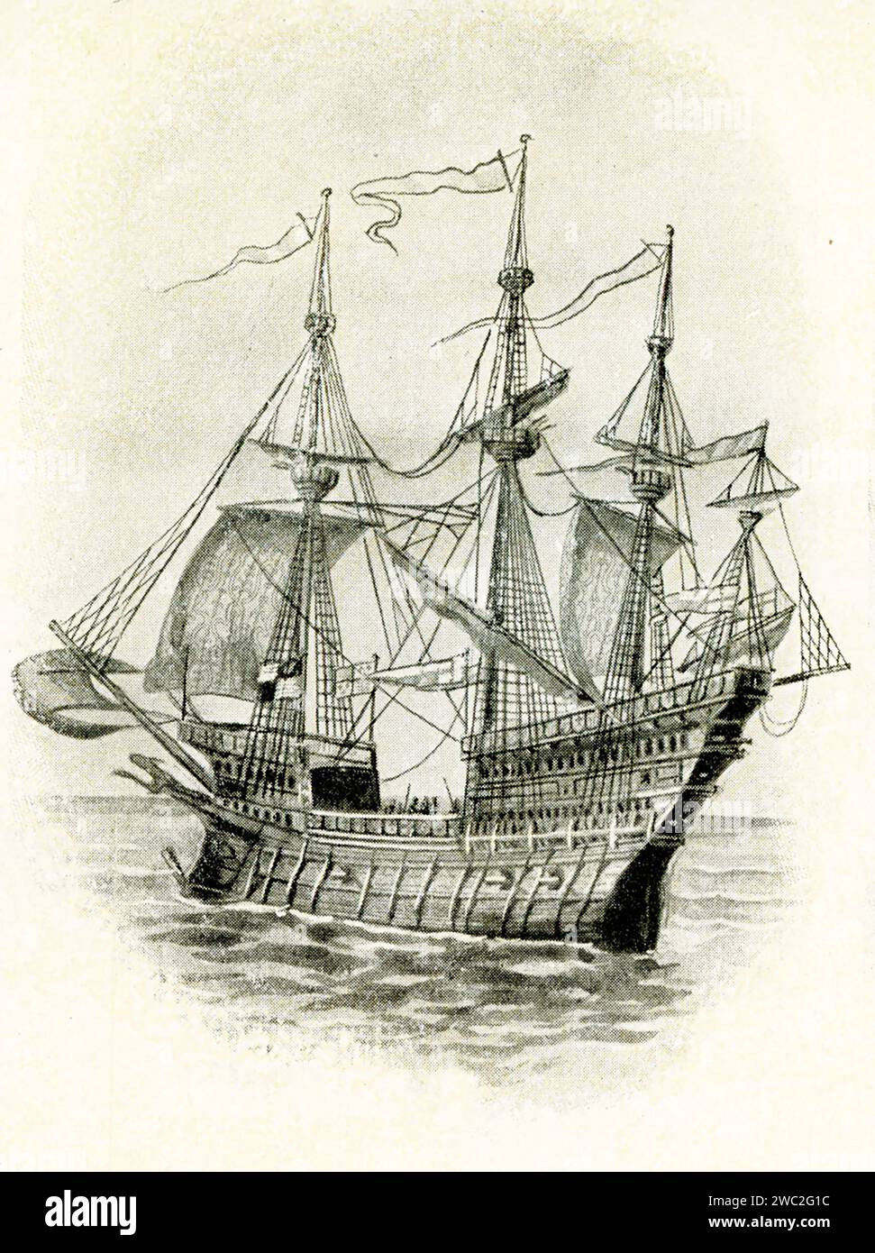 Dutch armed merchant ship at end of 16th century. This style is known as a fluyt—this type of sailing vessel was originally designed by shipwrights of Hoorn as a cargo vessel. Stock Photo