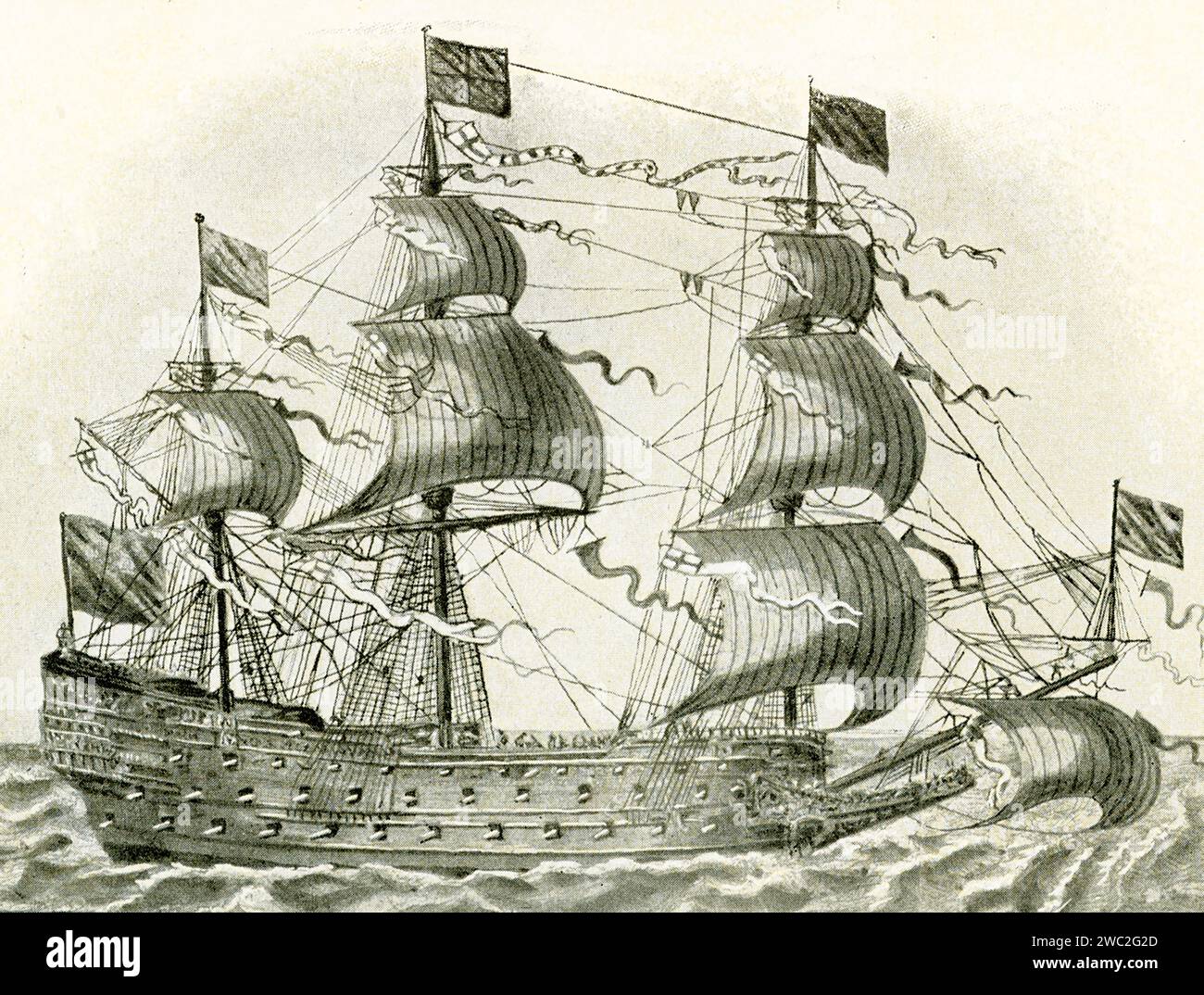 English ship of the line from the beginning of the 17th century—The Great Charles. The vessel was an 80-gun first-rate three-decker ship of the line of the English navy. Stock Photo