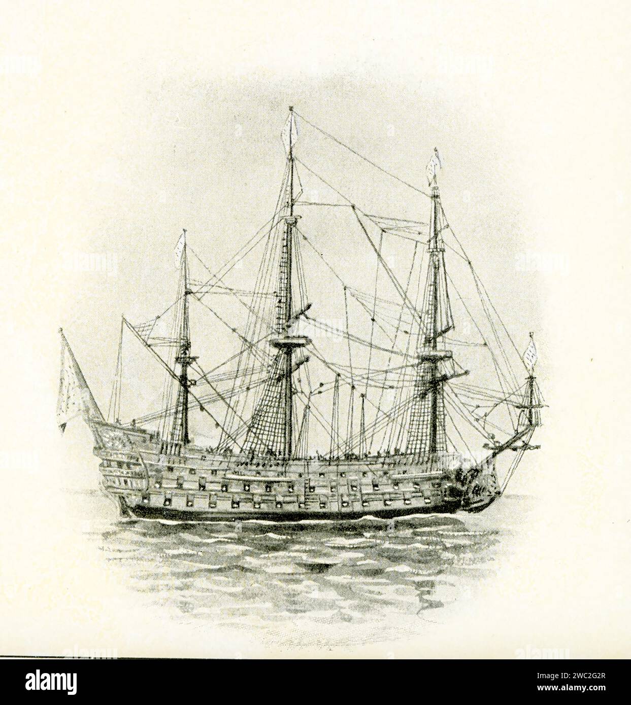 French three-decker ship of the line with 104 canon for the year 1700–called the Royal Louis Stock Photo