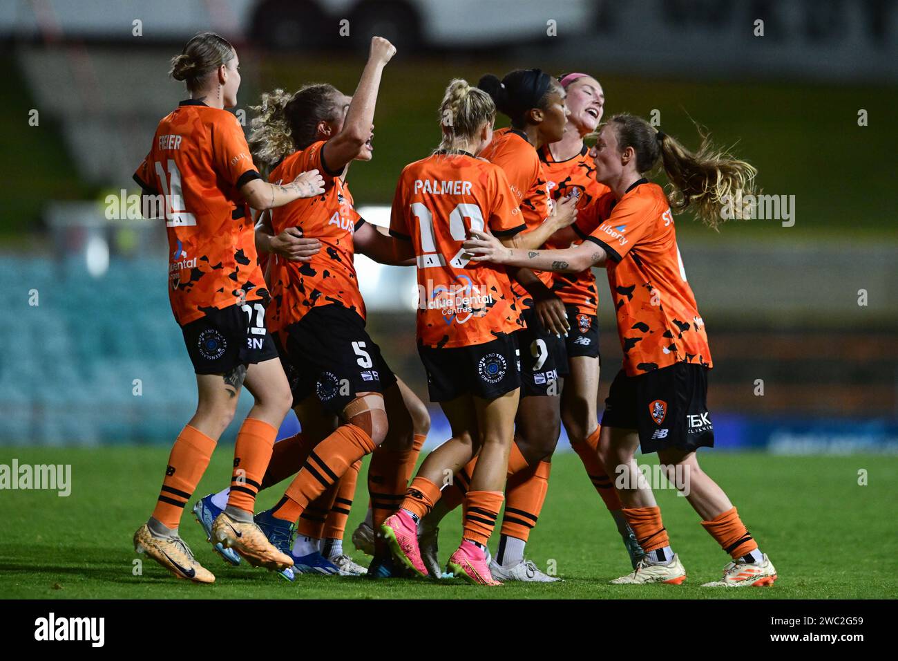 Lilyfield, Australia. 13th Jan, 2024. The Brisbane Roar FC team celebrates a goal during the