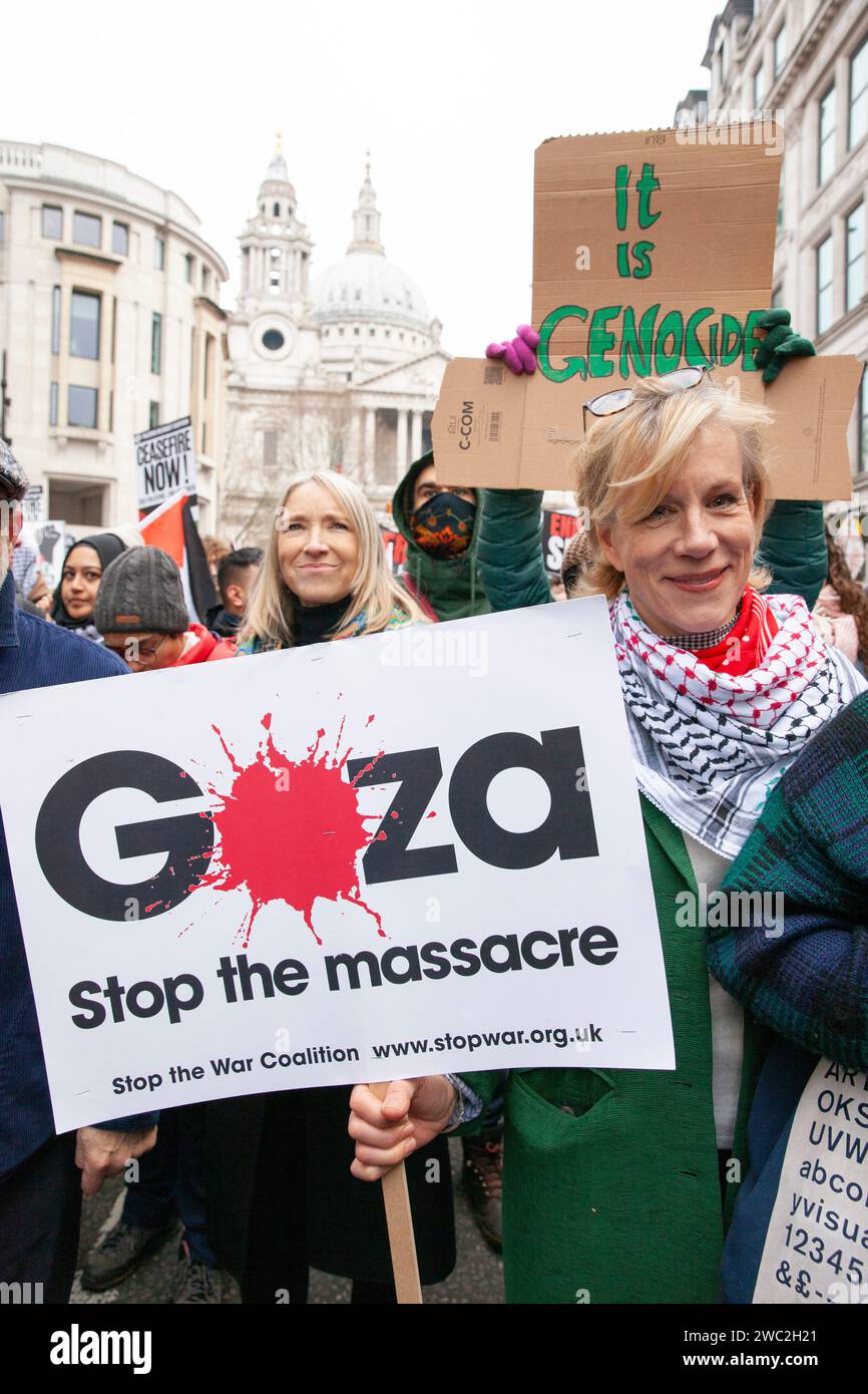 London, UK. 13th Jan, 2024. Thousands of people march past St Paul's Cathedral, calling for a ceasefire in Gaza. Among the marchers was actor and activist Juliet Stevenson. Credit: Anna Watson/Alamy Live News Stock Photo