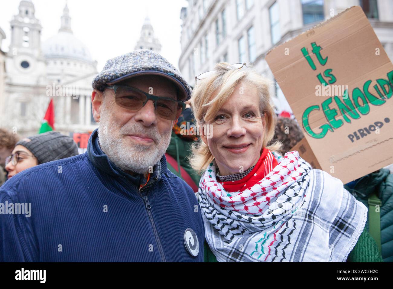 London, UK. 13th Jan, 2024. Thousands of people march past St Paul's Cathedral, calling for a ceasefire in Gaza. Amongst the marchers were music producer Brian Eno and actor Juliet Stevenson. Credit: Anna Watson/Alamy Live News Stock Photo