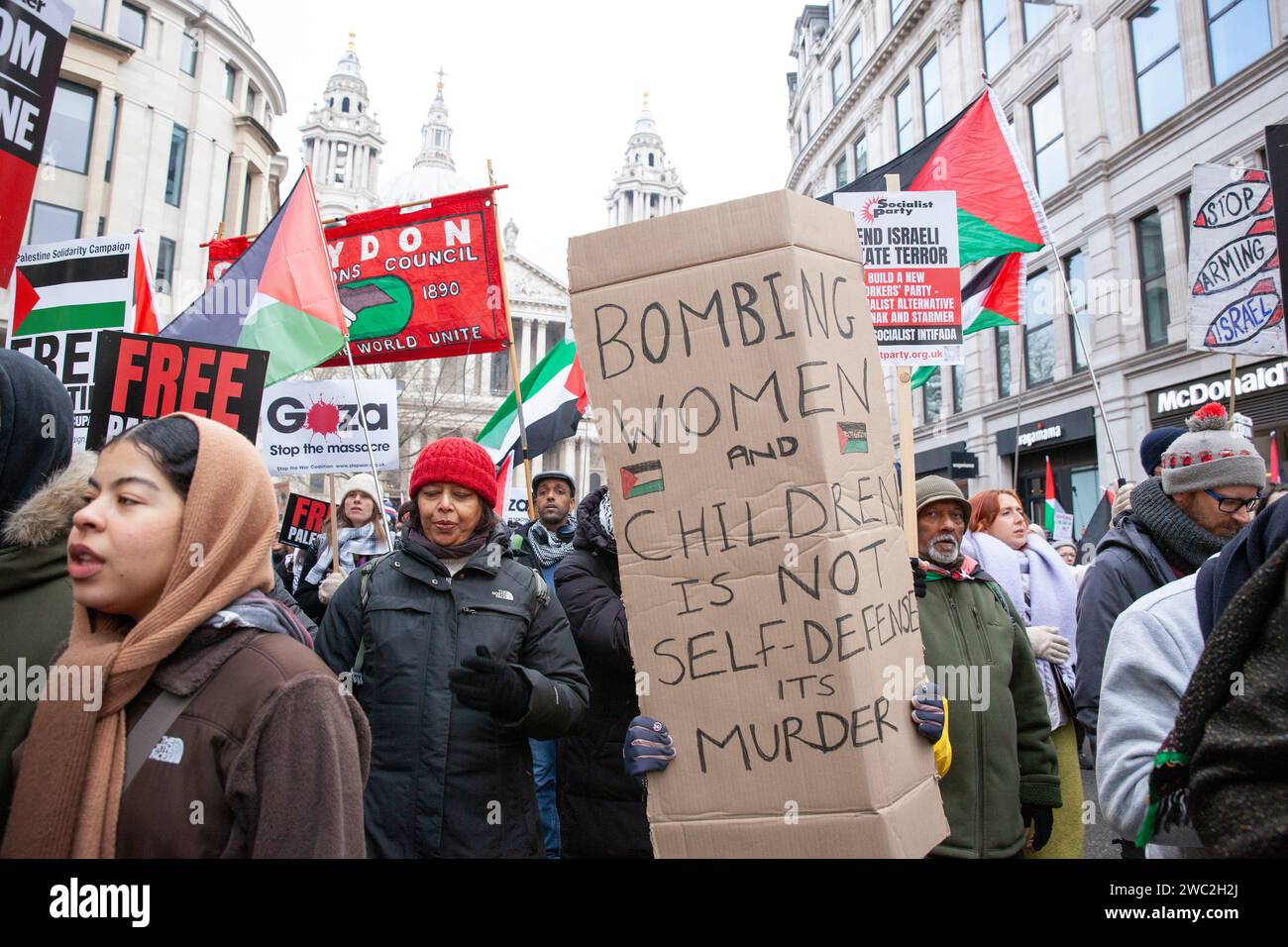 London, UK. 13th Jan, 2024. Thousands of people march past St Paul's Cathedral, calling for a ceasefire in Gaza. Credit: Anna Watson/Alamy Live News Stock Photo
