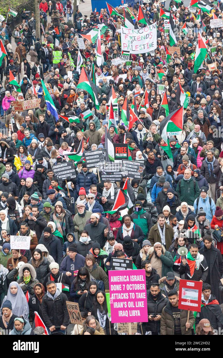 London, UK. 13th Jan, 2024. Thousands of people march along the Embankment, calling for a ceasefire in Gaza. Credit: Anna Watson/Alamy Live News Stock Photo
