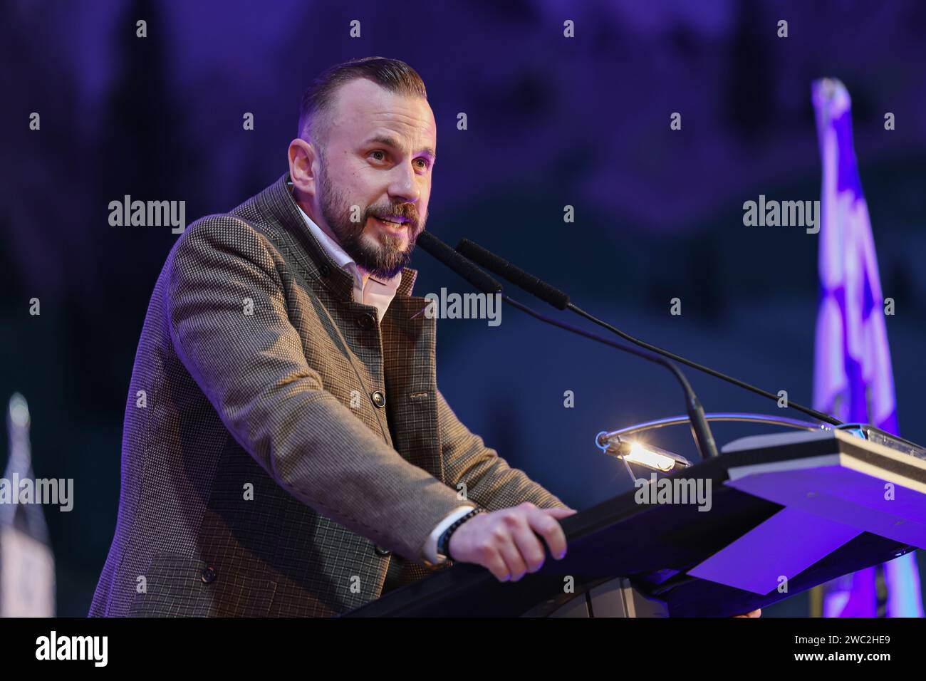 Greding, Germany. 13th Jan, 2024. Tobias Teich, newly elected 3rd