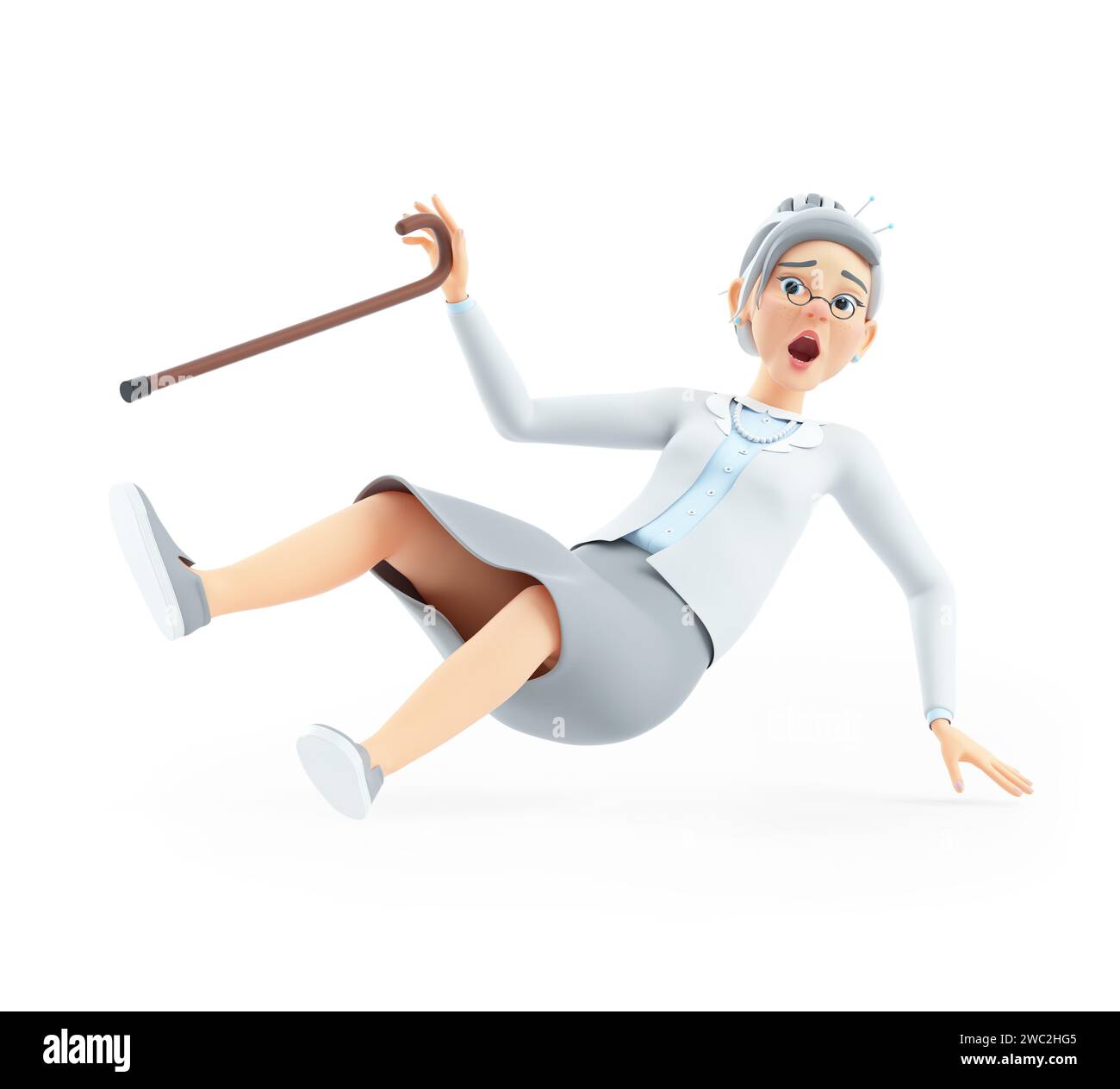3d cartoon granny with walking cane falling down, illustration isolated on white background Stock Photo