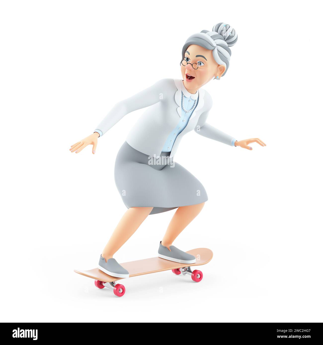 3d cartoon granny doing skateboard, illustration isolated on white background Stock Photo