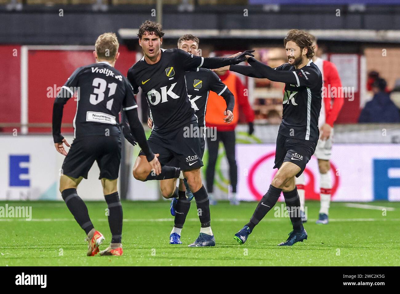 Emmen, Netherlands. 13th Jan, 2024. EMMEN, NETHERLANDS - JANUARY 13: Matthew Garbett of NAC Breda celebrates after scoring his sides first goal during the Dutch Keuken Kampioen Divisie match between FC Emmen and NAC at De Oude Meerdijk on January 13, 2024 in Emmen, Netherlands. (Photo by Pieter van der Woude/Orange Pictures) Credit: dpa/Alamy Live News Stock Photo