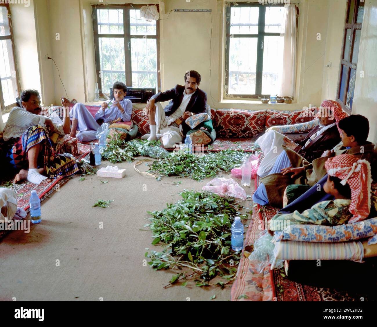 SANA’A, YEMEN-SEPTEMBER 20, 2021: Men chewing the traditional qat, in the early afternoon, together at home Stock Photo