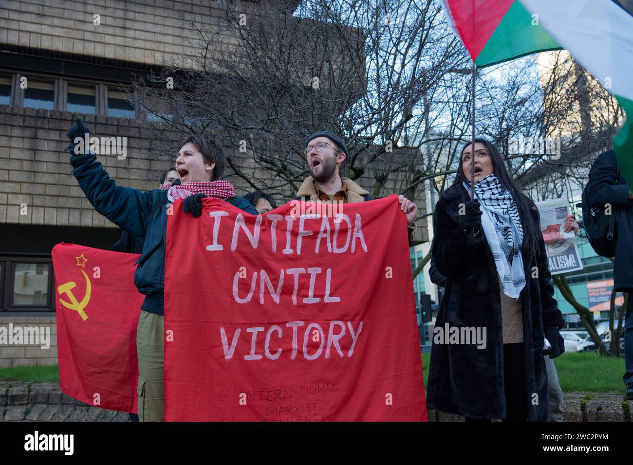 Glasgow, Scotland, UK. 13th Jan, 2024. Protest outside Glasgow City Chambers Steps in Glasgow followed by a march to the MOD building to show support for Palestine and to protest against the ongoing war in Gaza. Credit: R.Gass/Alamy Live News Stock Photo