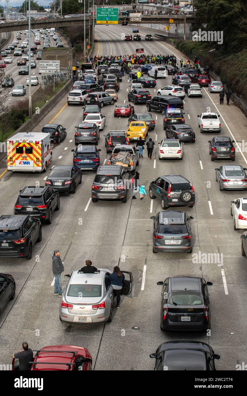 Seattle, WA January 6, 2024 Protesters shut down I5 freeway with a