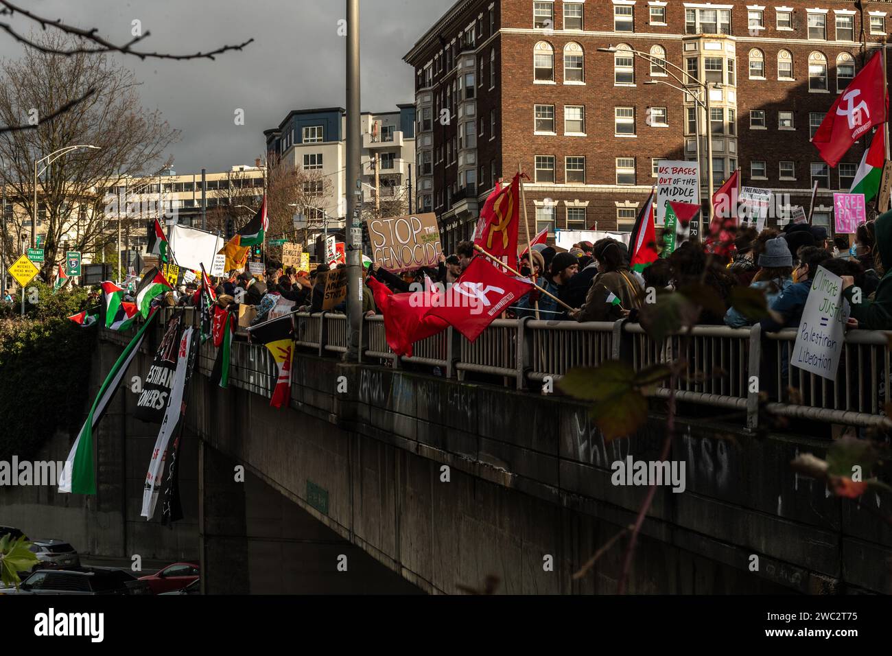 Seattle, WA - January 6, 2024 - Protesters shut down I-5 freeway with a Free Palestine rally Stock Photo