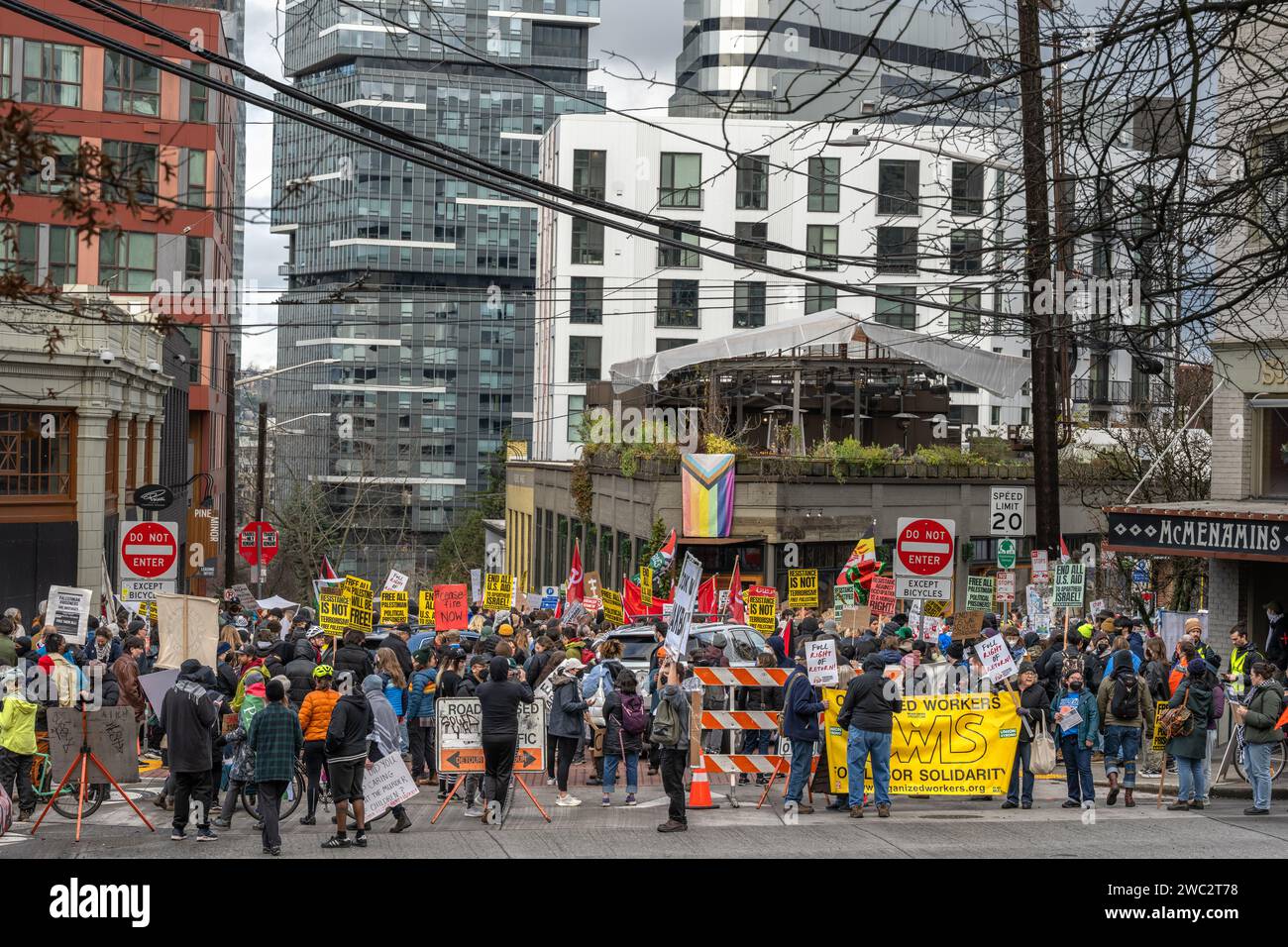 Seattle, WA January 6, 2024 Protesters shut down I5 freeway with a