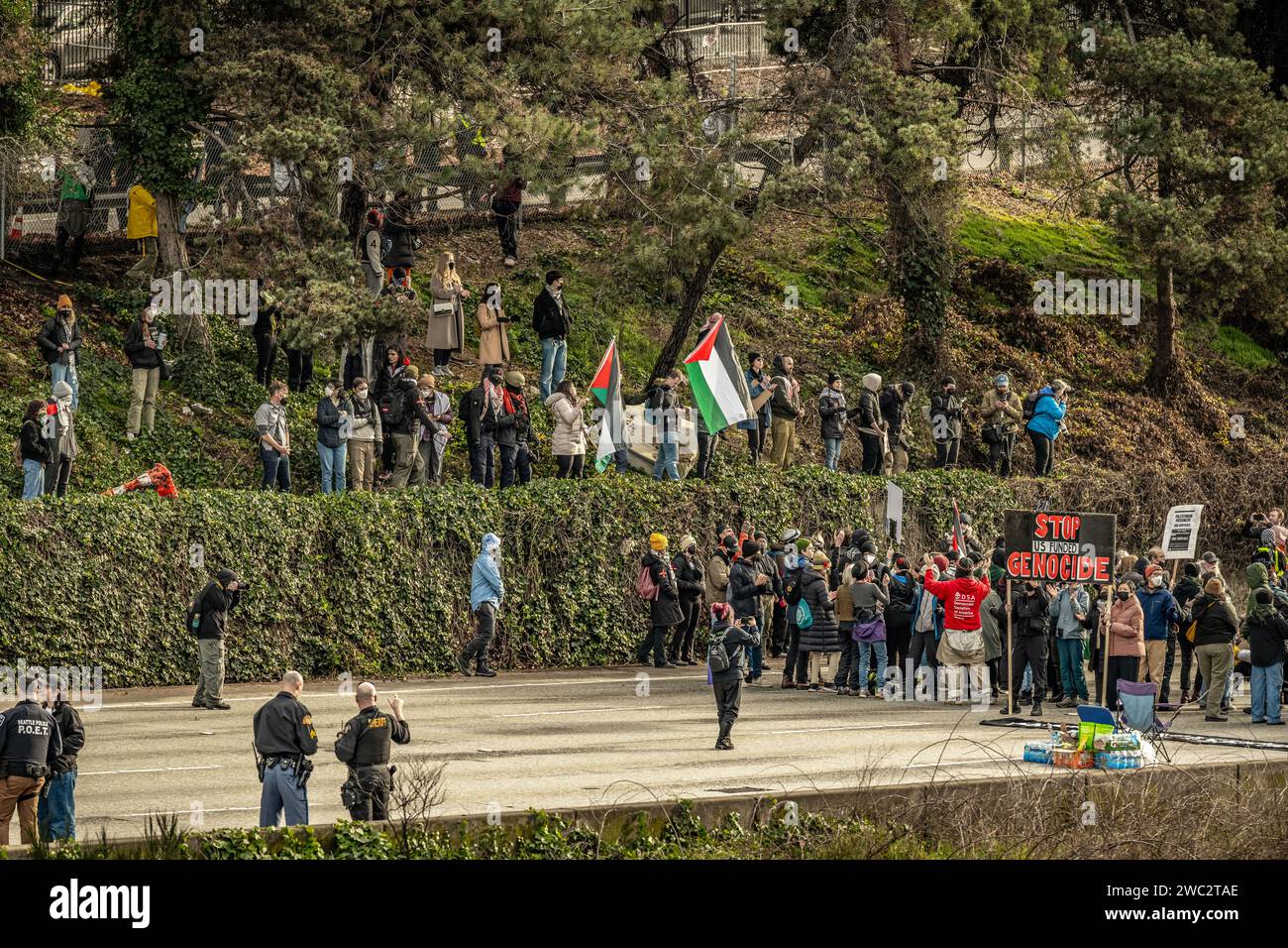 Seattle, WA - January 6, 2024 - Protesters shut down I-5 freeway with a Free Palestine rally Stock Photo