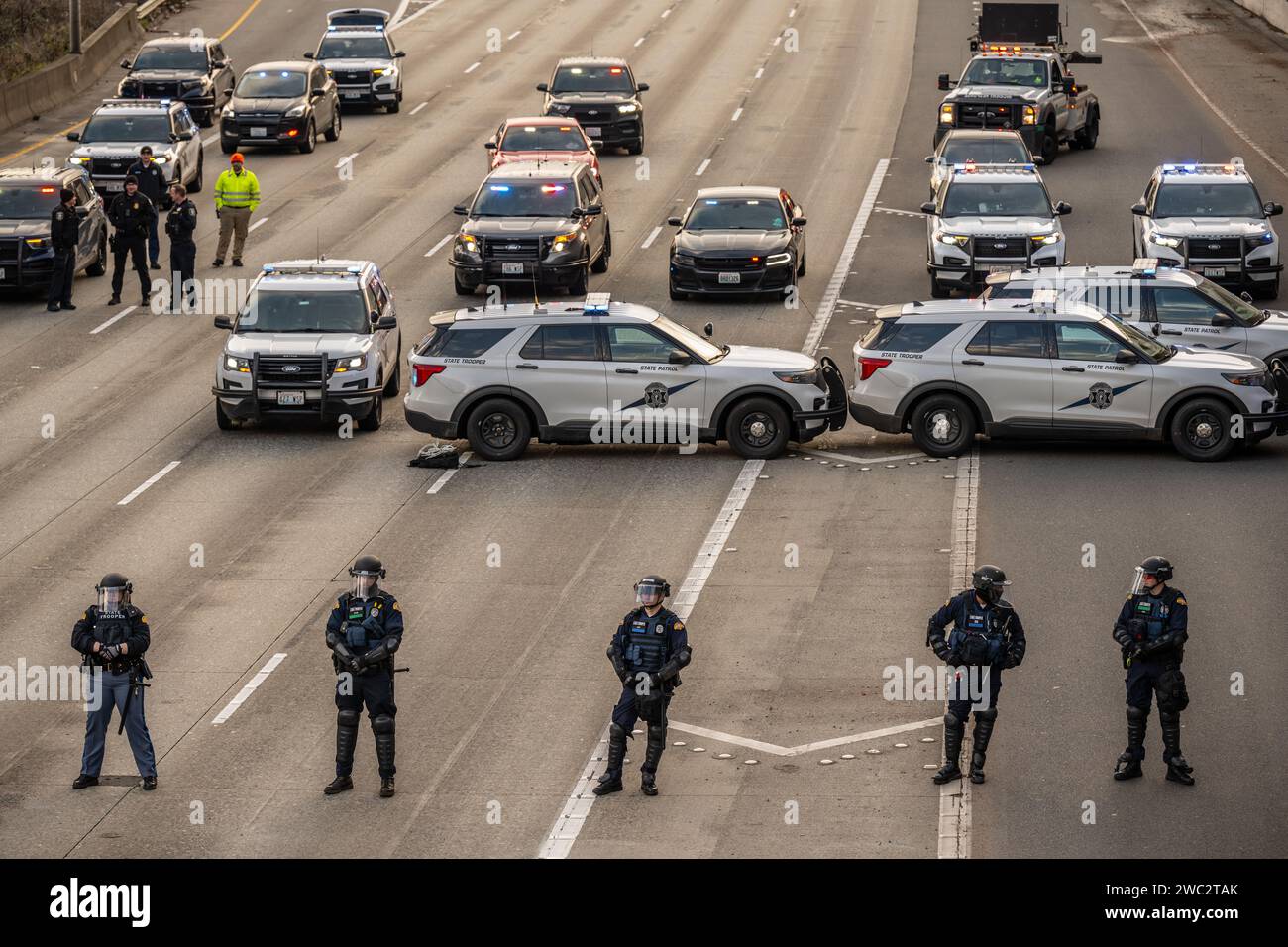 Seattle, WA January 6, 2024 Protesters shut down I5 freeway with a