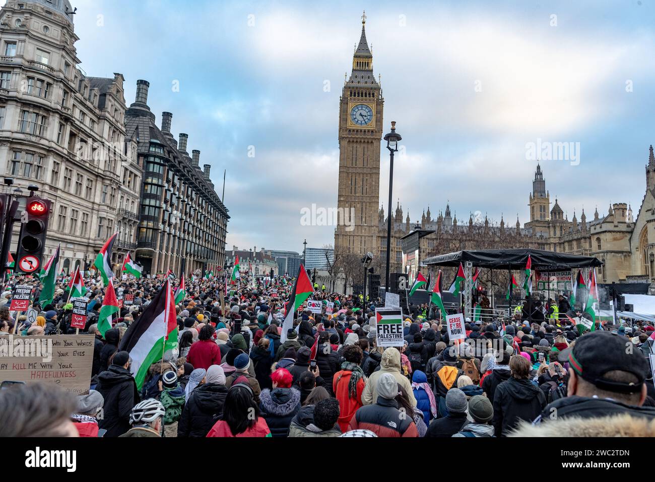 Marching in solidarity with the people of Gaza, people gathered in central London, Britain on Saturday, January 13, 2024. As Gaza endures its 100th day of systematic mass bombings by the Israeli Defense Forces, reports indicate a devastating toll of 23,000 lives lost, with half of the victims being children. (VX Photo/ Vudi Xhymshiti) Stock Photo