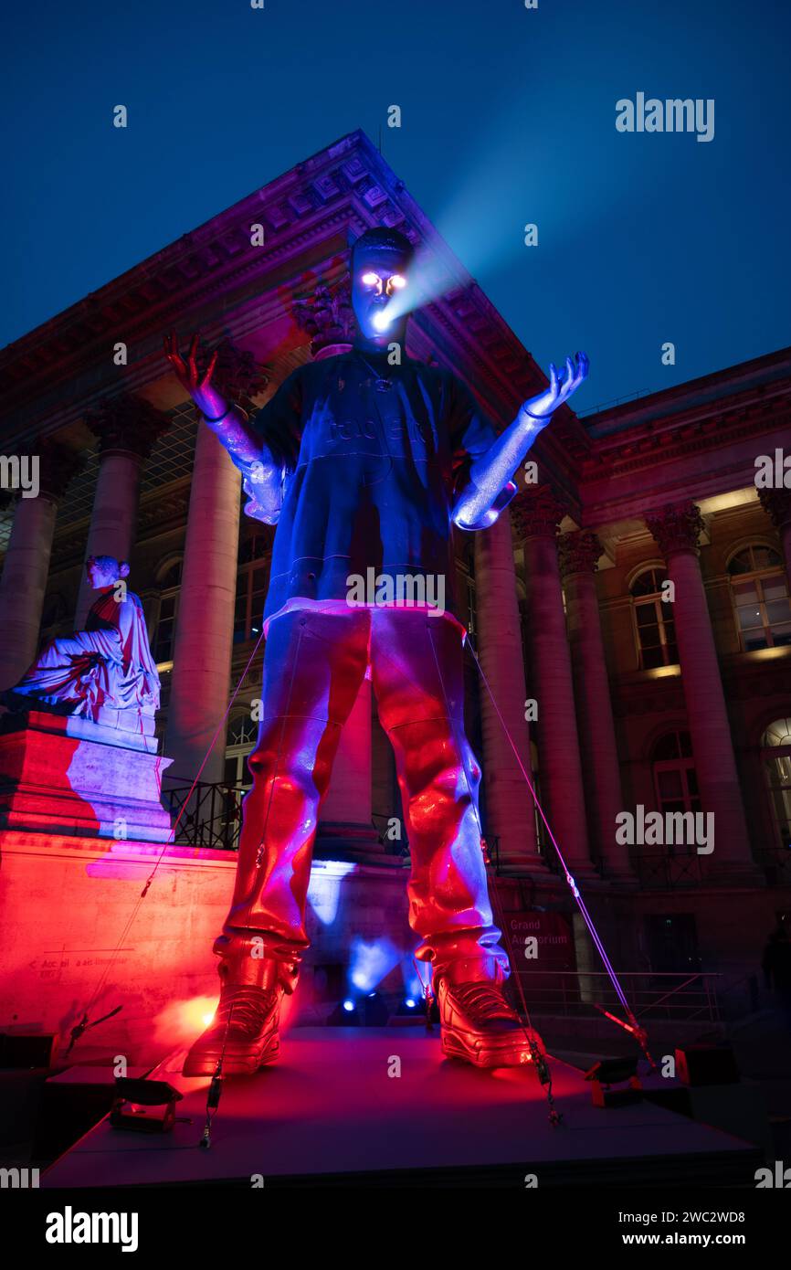 Paris, France, A giant statue of Kid Cudi at the Place de la Bourse