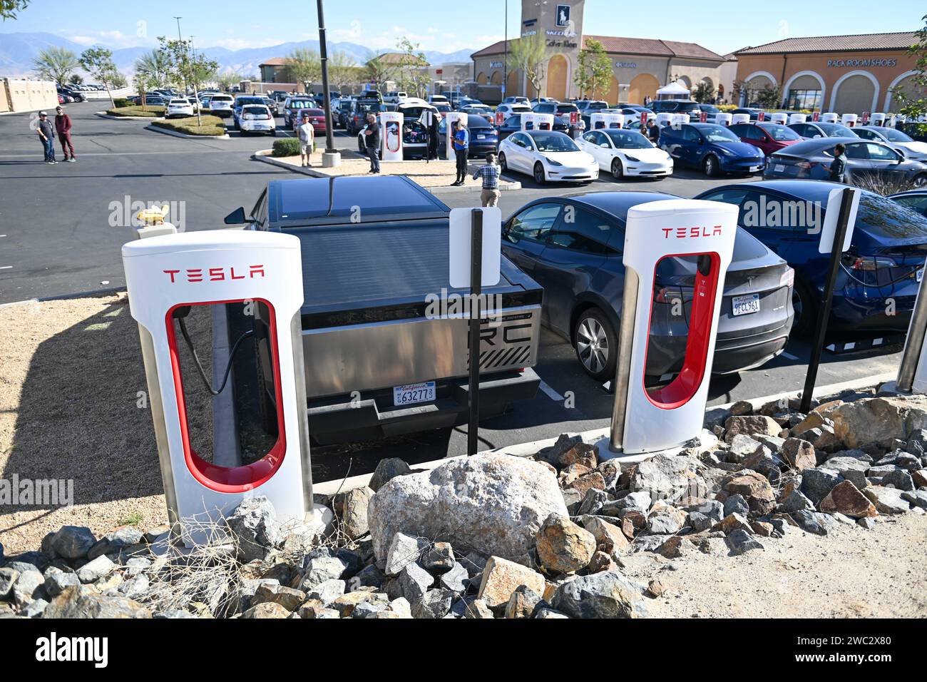 A Tesla Cybertruck is seen charging at The Outlets at Tejon, Friday, Nov. 24, 2023, in Tejon Ranch, Calif. (Dylan Stewart/Image of Sport) Stock Photo