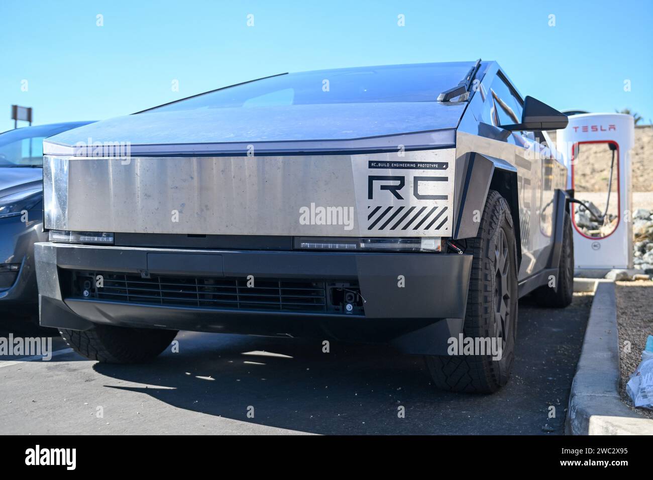 A Tesla Cybertruck is seen charging at The Outlets at Tejon, Friday, Nov. 24, 2023, in Tejon Ranch, Calif. (Dylan Stewart/Image of Sport) Stock Photo