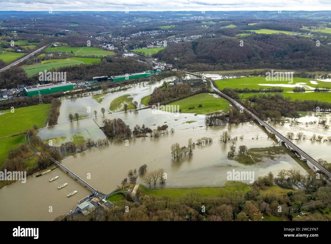 Luftbild, Ruhrhochwasser, Weihnachtshochwasser 2023, Fluss Ruhr und