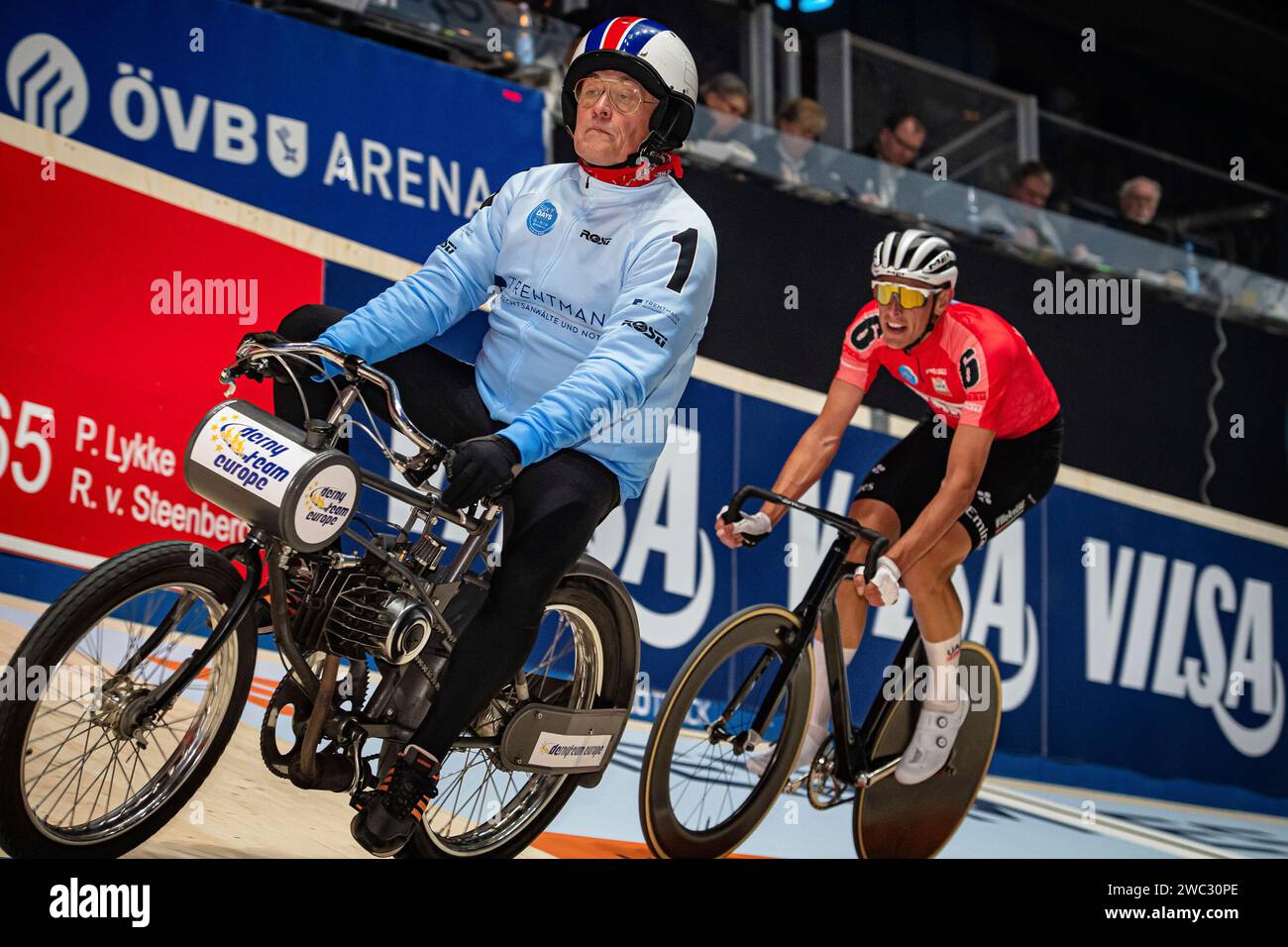 Team 6 - STARK-GEBÄUDEREINIGUNG - POLITT Nils ( GER ) - Black - Team 1 - BÄUERLEIN Peter ( GER ) - Querformat - quer - horizontal - Landscape - Event/Veranstaltung: Sixdays Bremen 2024 - Category/Kategorie: Cycling - Track Cycling  Sixdays - Elite Men - Location/Ort: Europe  Germany - Bremen - ÖVB Arena - Discipline: Derny Race - Distance: . m - Date/Datum: 12.01.2024  Friday  Day 1 - Photographer: © Arne Mill - frontalvision.com Stock Photo