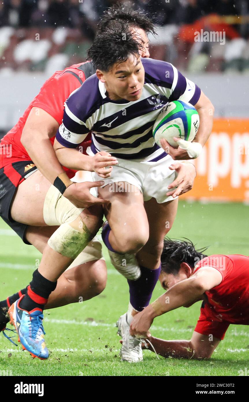 Tokyo, Japan. 13th Jan, 2024. Meiji University wing Kohaku Ebisawa carries the ball into the end zone to score a try during the 60th Japan University Rugby Championship final against Teikyo University at Japan's national stadium in Tokyo on Saturday, January 13, 2024. Teikyo university defeated Meiji University 34-15 and won the championship. (photo by Yoshio Tsunoda/AFLO) Stock Photo