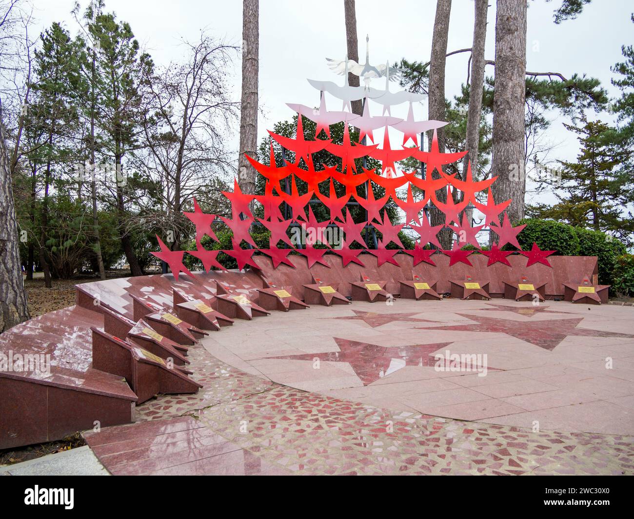 Sochi, Russia - February 2023, 23: Sculptural composition 'Cranes'. Frunze park. Sochi Stock Photo