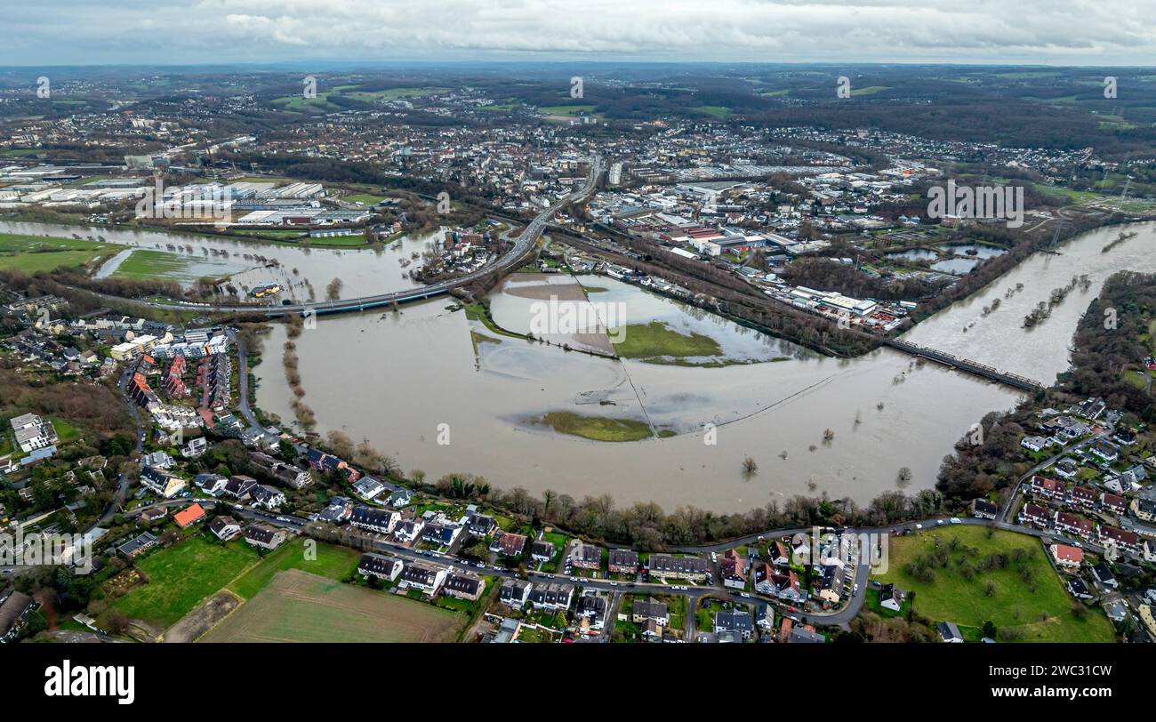Luftbild, Ruhrhochwasser, Weihnachtshochwasser 2023, Fluss Ruhr tritt