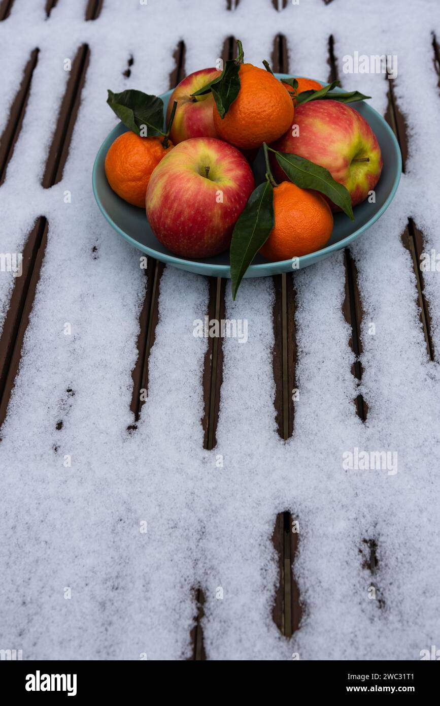 Organic tangerine and apple fruits in a bowl on a snow covered table in the garden. Healthy eating lifestyle background. Fruit energy vitamin shot. Stock Photo