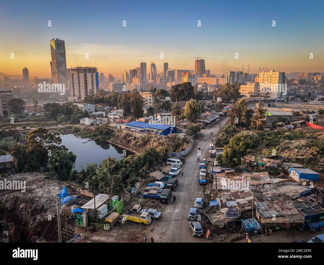 Aerial overview of Addis Abeba city, the capital of Ethiopia, showing brand new buildings and construction in the foreground, city centre and suburbs, Stock Photo