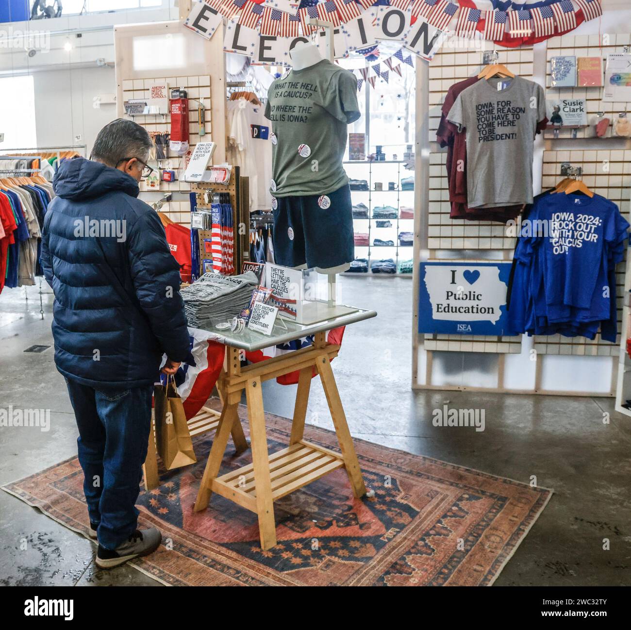 Des Moines United States 13th Jan 2024 Political Shirts And   Des Moines United States 13th Jan 2024 Political Shirts And Memorabilia Are Displayed For Sale In A Shop Ahead Of The 2024 Iowa Caucus In Des Moines Iowa On Saturday January 13 2024 Iowa Republican Voters Will Gather To Caucus On January 15th To Select Their Candidate For Us President Photo By Tannen Mauryupi Credit Upialamy Live News 2WC32TY 