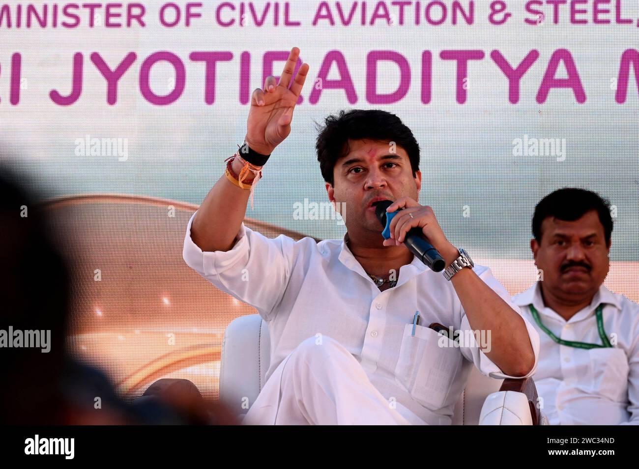 NAVI MUMBAI, INDIA - JANUARY 13: CIDCO and Navi Mumbai International Airport Private Limited (NMIAPL) press conference by Hon'ble Minister for Civil Aviation & Steel, Government of India Shri.Jyotiraditya Scindia at NMIAL Project Office, Ganeshpuri, Ulwe, on January 13, 2024 in Navi Mumbai, India. Jyotiraditya Scindia emphasized the significance of the upcoming Navi Mumbai international airport, stating that it is not just a crucial infrastructure project for Mumbai or Maharashtra but a matter of national pride. The airport is being developed in five phases. (Photo by Bachchan Kumar/Hindustan Stock Photo