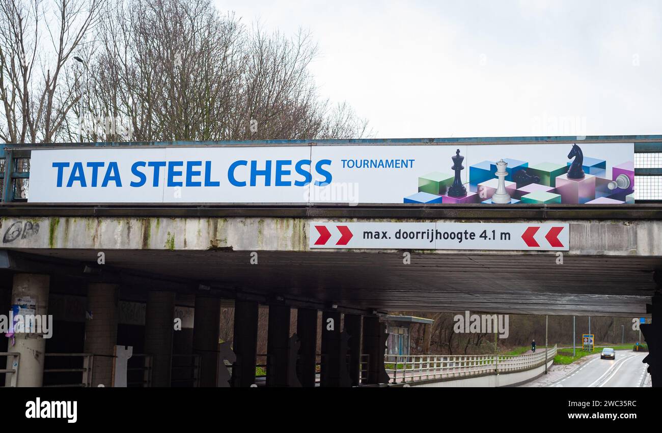 Banner above the road of the famous Tata Steel chess tournament in Wijk aan Zee, The Netherlands Stock Photo