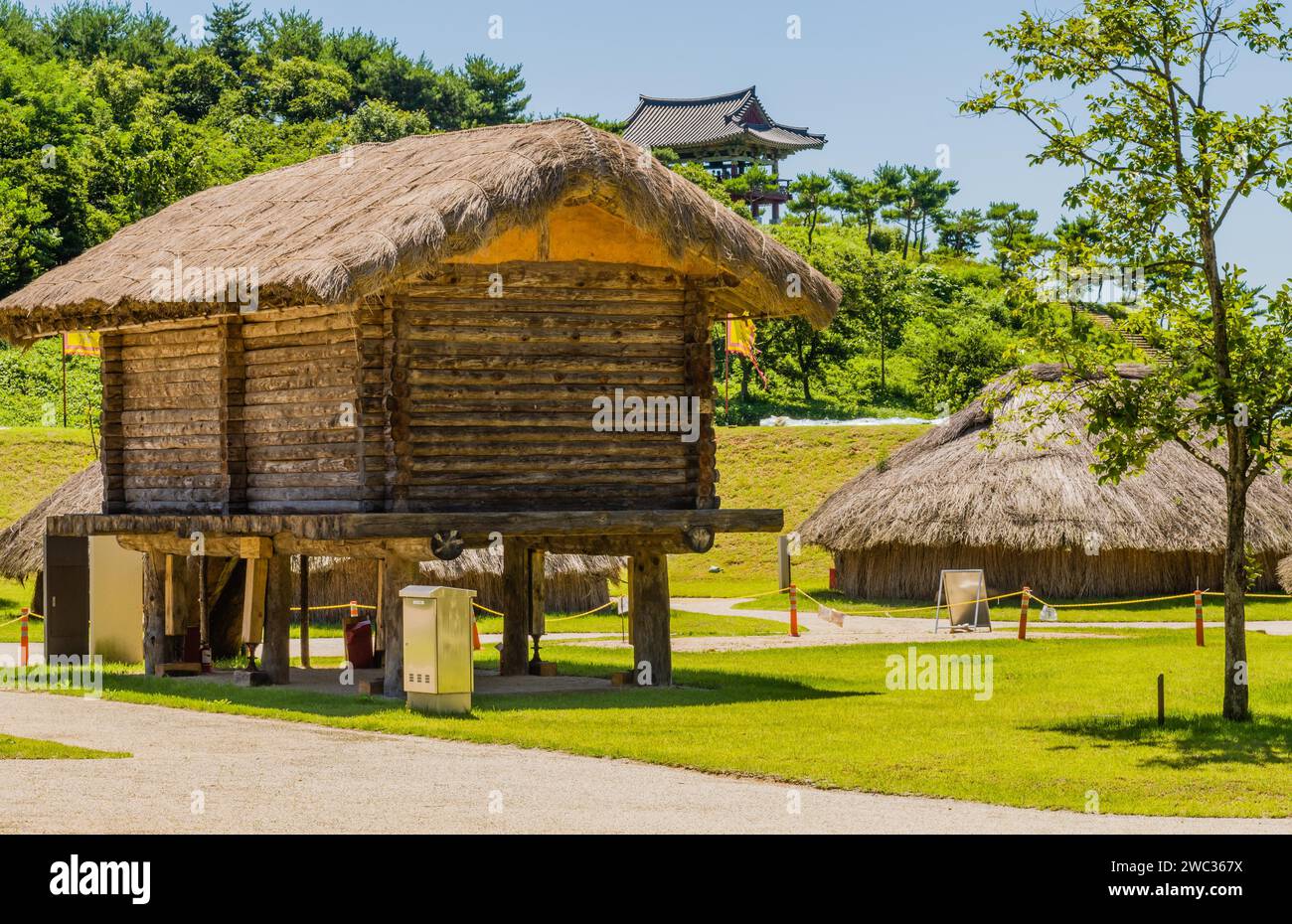 Buyeo, South Korea, July 7, 2018:Large log building with straw thatch