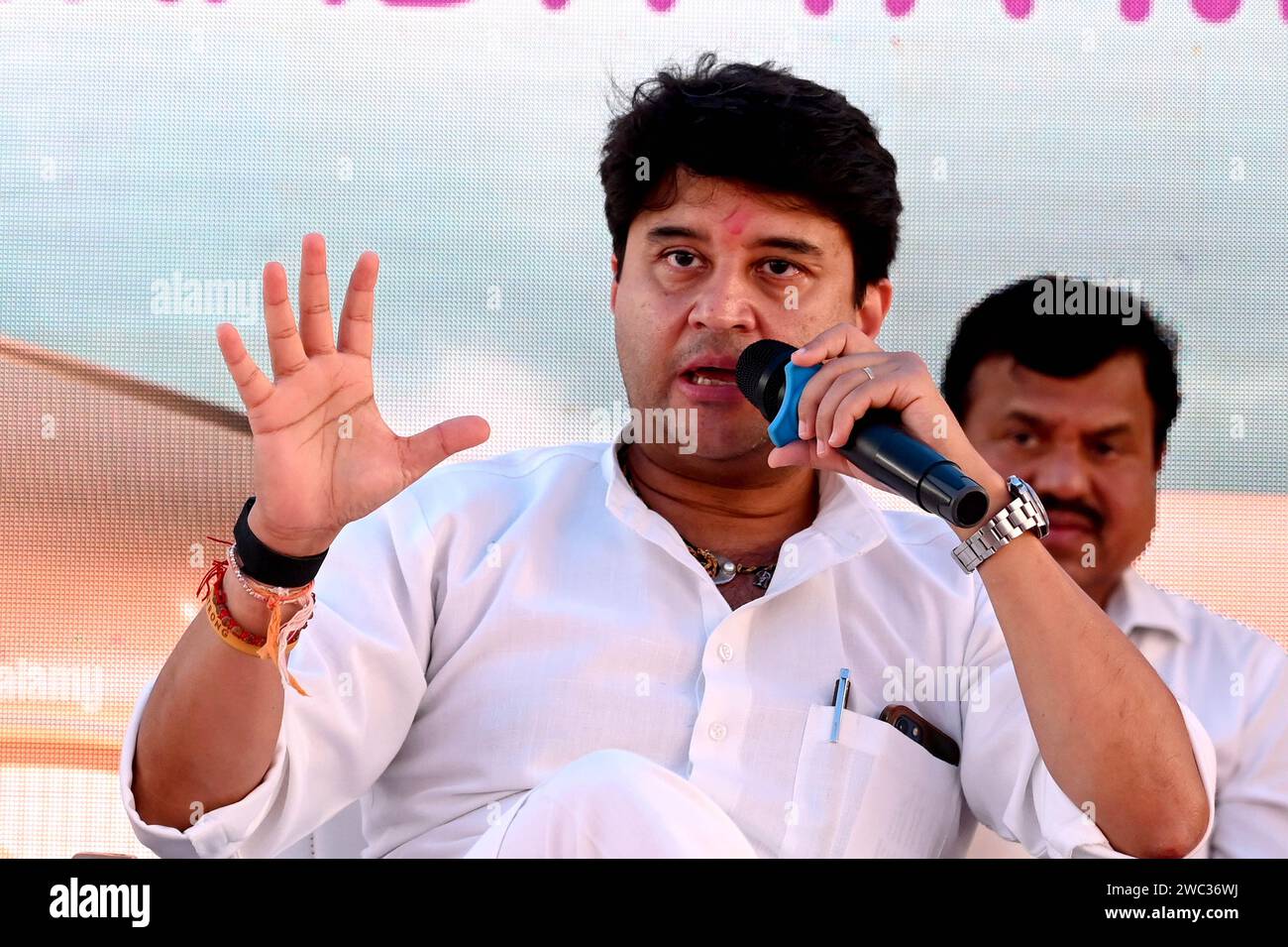 NAVI MUMBAI, INDIA - JANUARY 13: CIDCO and Navi Mumbai International Airport Private Limited (NMIAPL) press conference by Hon'ble Minister for Civil Aviation & Steel, Government of India Shri.Jyotiraditya Scindia at NMIAL Project Office, Ganeshpuri, Ulwe, on January 13, 2024 in Navi Mumbai, India. Jyotiraditya Scindia emphasized the significance of the upcoming Navi Mumbai international airport, stating that it is not just a crucial infrastructure project for Mumbai or Maharashtra but a matter of national pride. The airport is being developed in five phases. (Photo by Bachchan Kumar/Hindustan Stock Photo