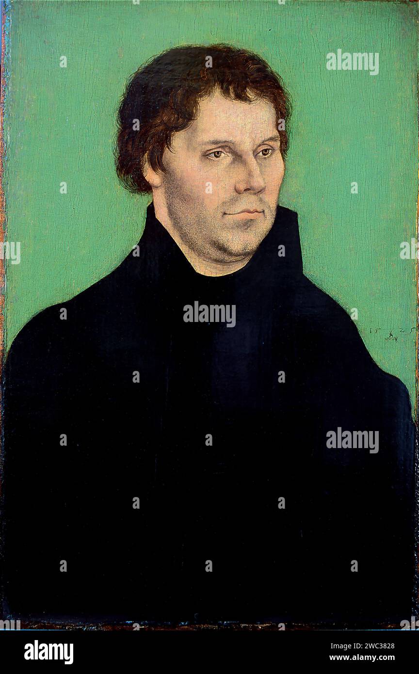 Title: Portrait of Martin Luther, 1525 Artist: Lucas the Elder Cranach Medium: Oil on panel Dimensions: 40 x 26.6 cm Location: Bristol Museum and Art Gallery, UK  Description: 'Portrait of Martin Luther,' painted in 1525 by Lucas the Elder Cranach, is a significant artwork portraying the influential figure Martin Luther. Executed in oil on panel and measuring 40 x 26.6 cm, the painting is a testament to Cranach's artistic skill and his role as the court painter to the Electors of Saxony during the Reformation era. Housed at the Bristol Museum and Art Gallery in the UK, the portrait captures Lu Stock Photo