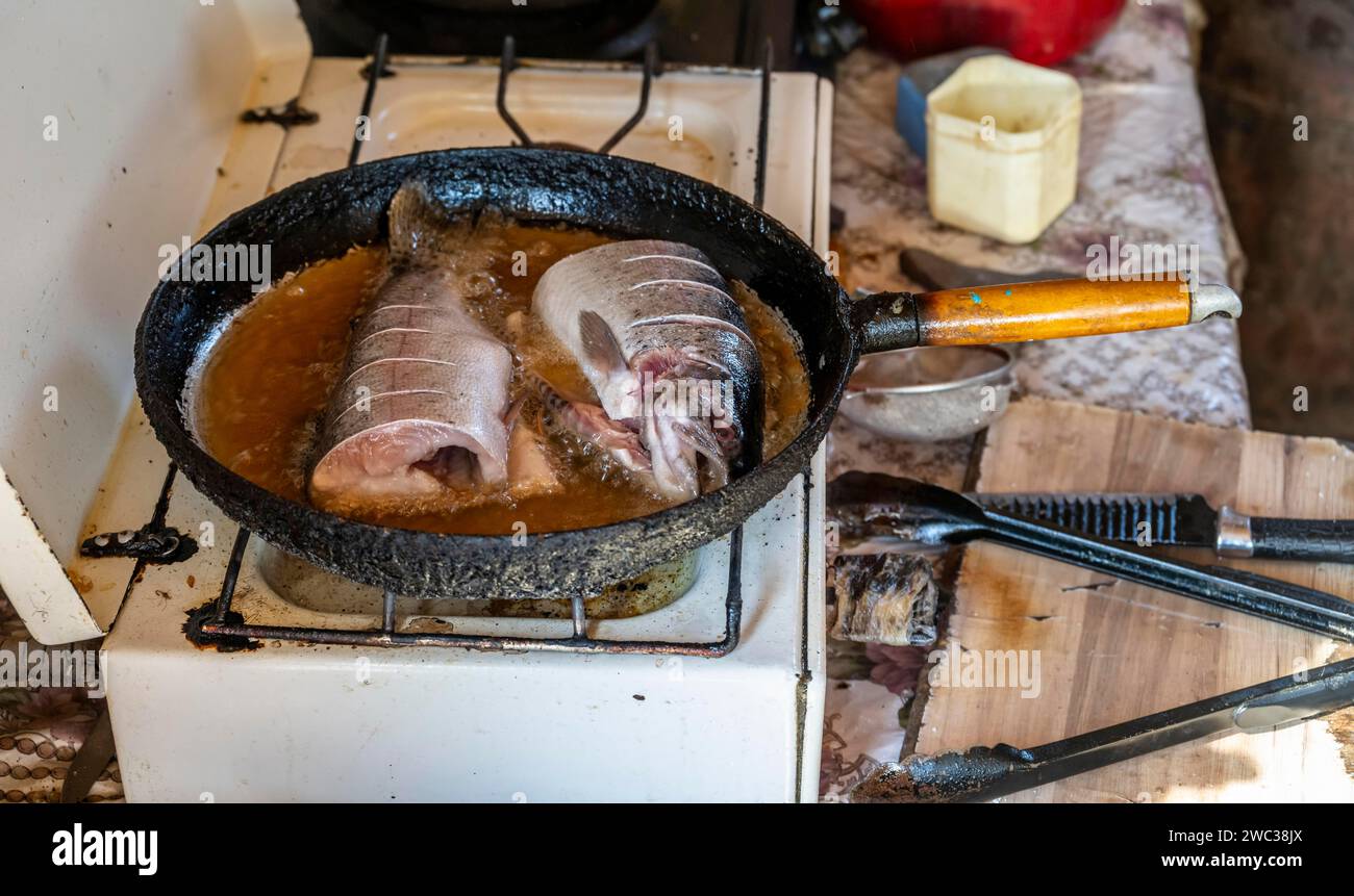 Fried trout in a yurt, Kyrgyzstan Stock Photo Alamy