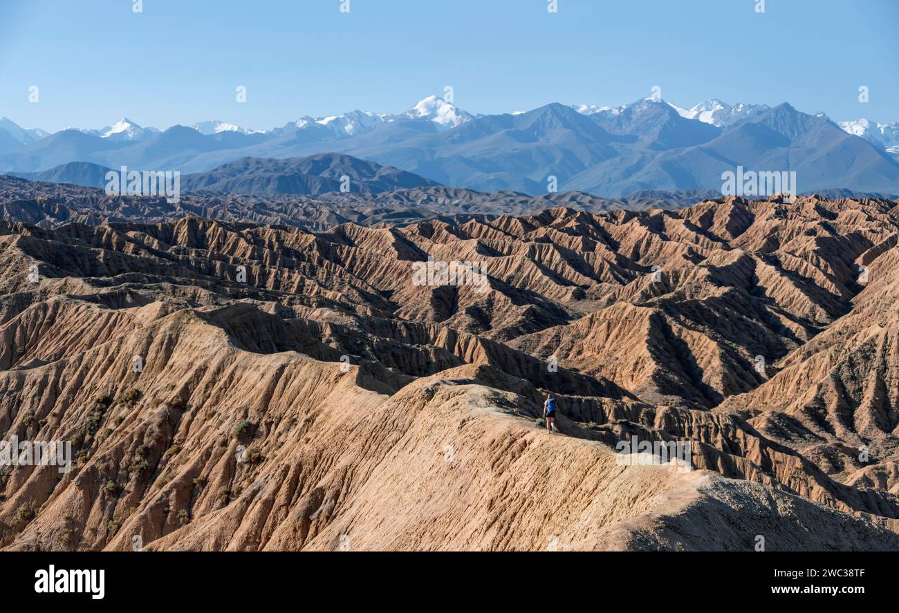Tianshan Mountains Rivers Hiker walking along a canyon, Tian Shan mountains in the background ...
