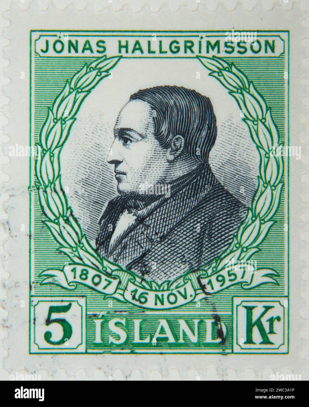 Jonas Hallgrimsson (1807 â€“ 1845) was an Icelandic poet, author and naturalist. Portrit on an Icelandic stamp Stock Photo