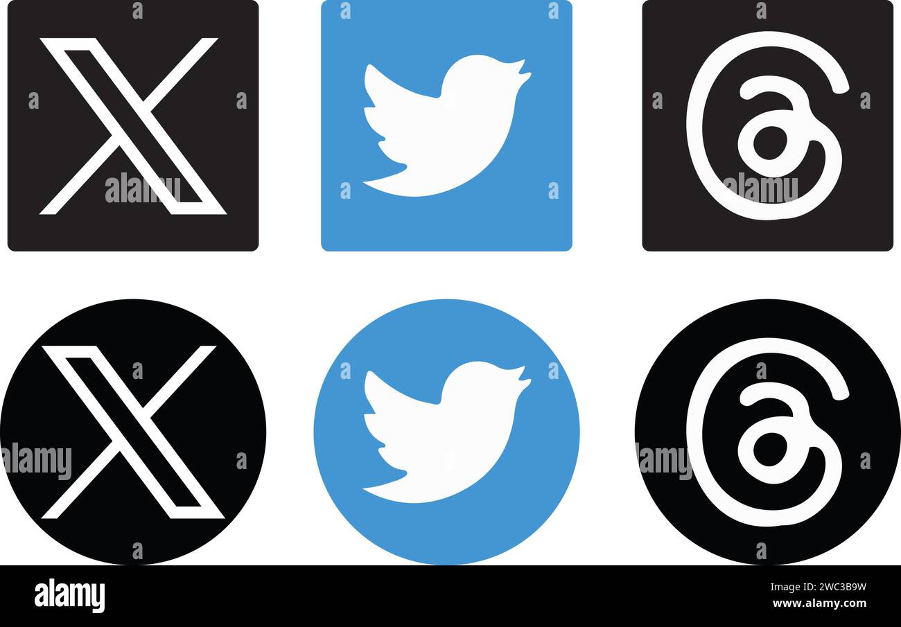 Twitter logo blue and black, New logo, Threads logo Stock Vector