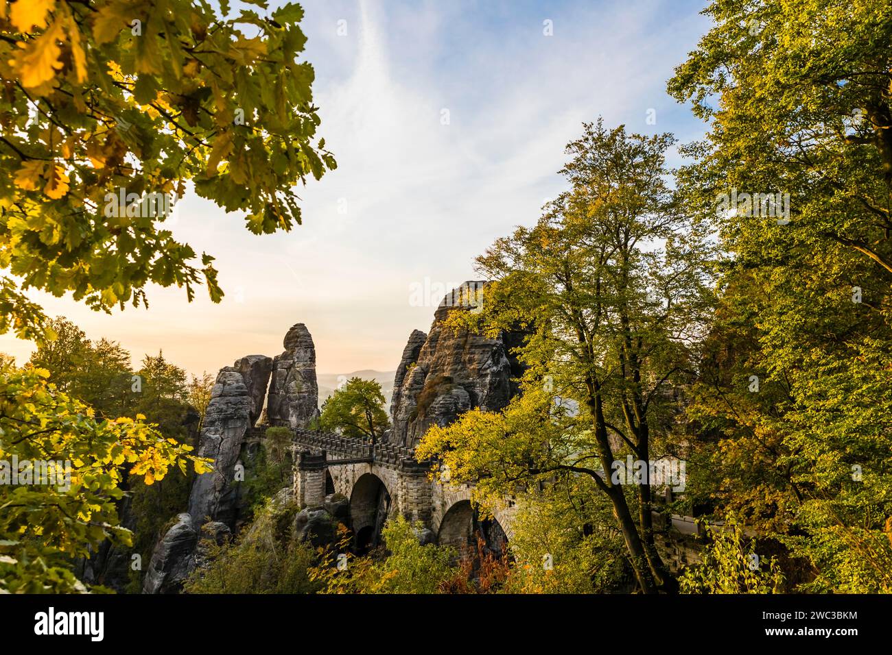 Federal Republic of Germany, Germany, Saxon Switzerland in Saxony, View of the Bastei Bridge at sunrise, Autumn, Saxon Switzerland, Saxony, Federal Stock Photo