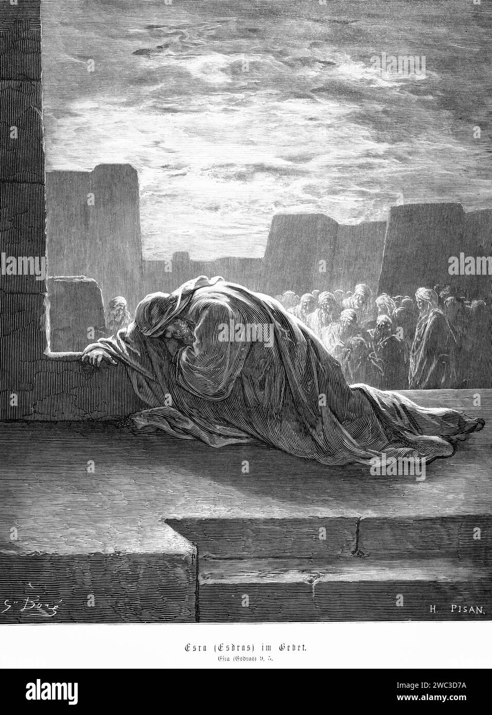 Ezra in prayer, Ezra, chapter 9, city wall, steps, people, Bible, Old Testament, historical illustration Stock Photo