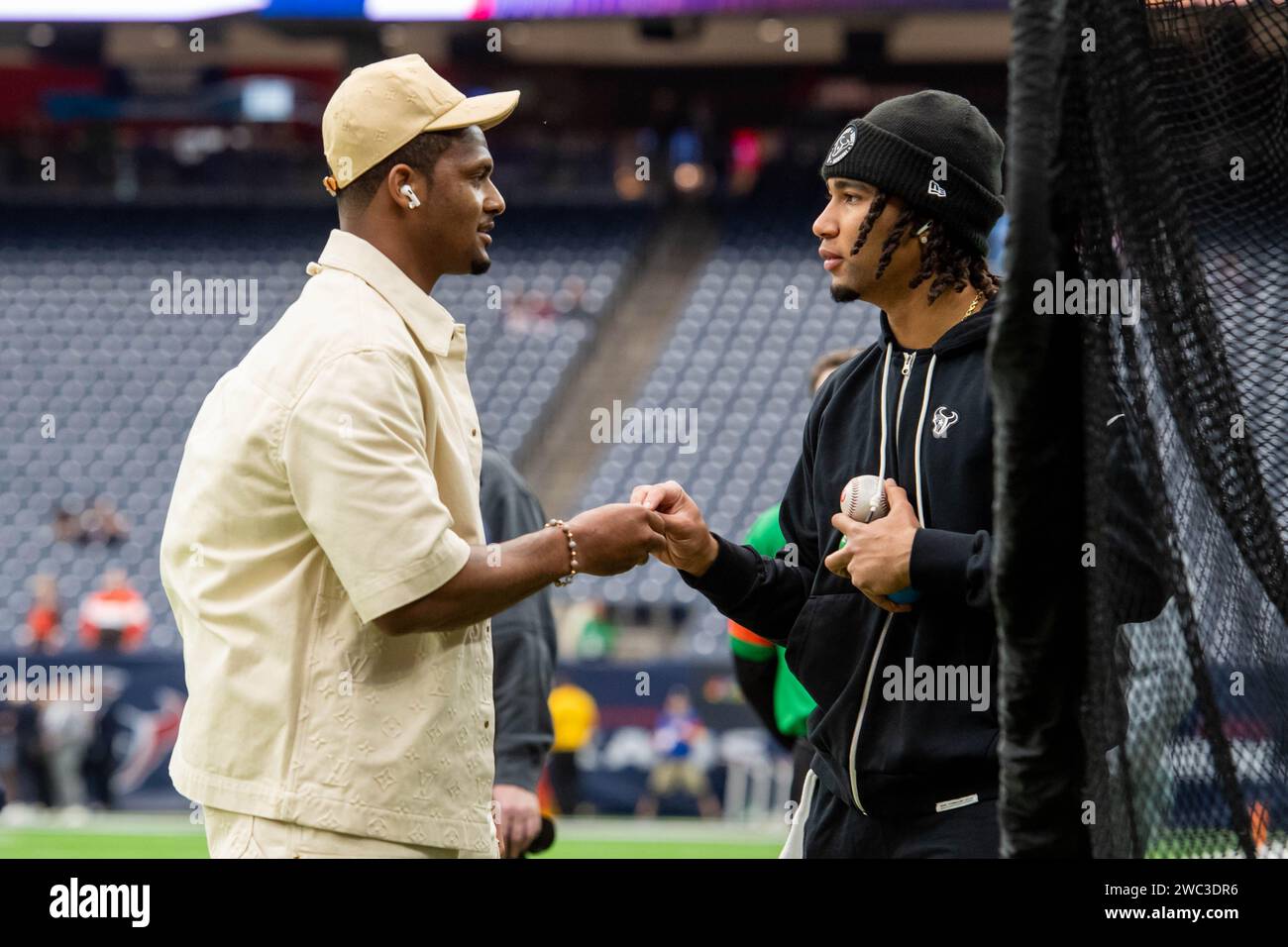 January 13, 2024: Cleveland Browns quarterback Deshaun Watson greets Houston Texans quarterback C.J. Stroud prior to a Wild Card playoff game between the Cleveland Browns and the Houston Texans in Houston, TX. Trask Smith/CSM Stock Photo